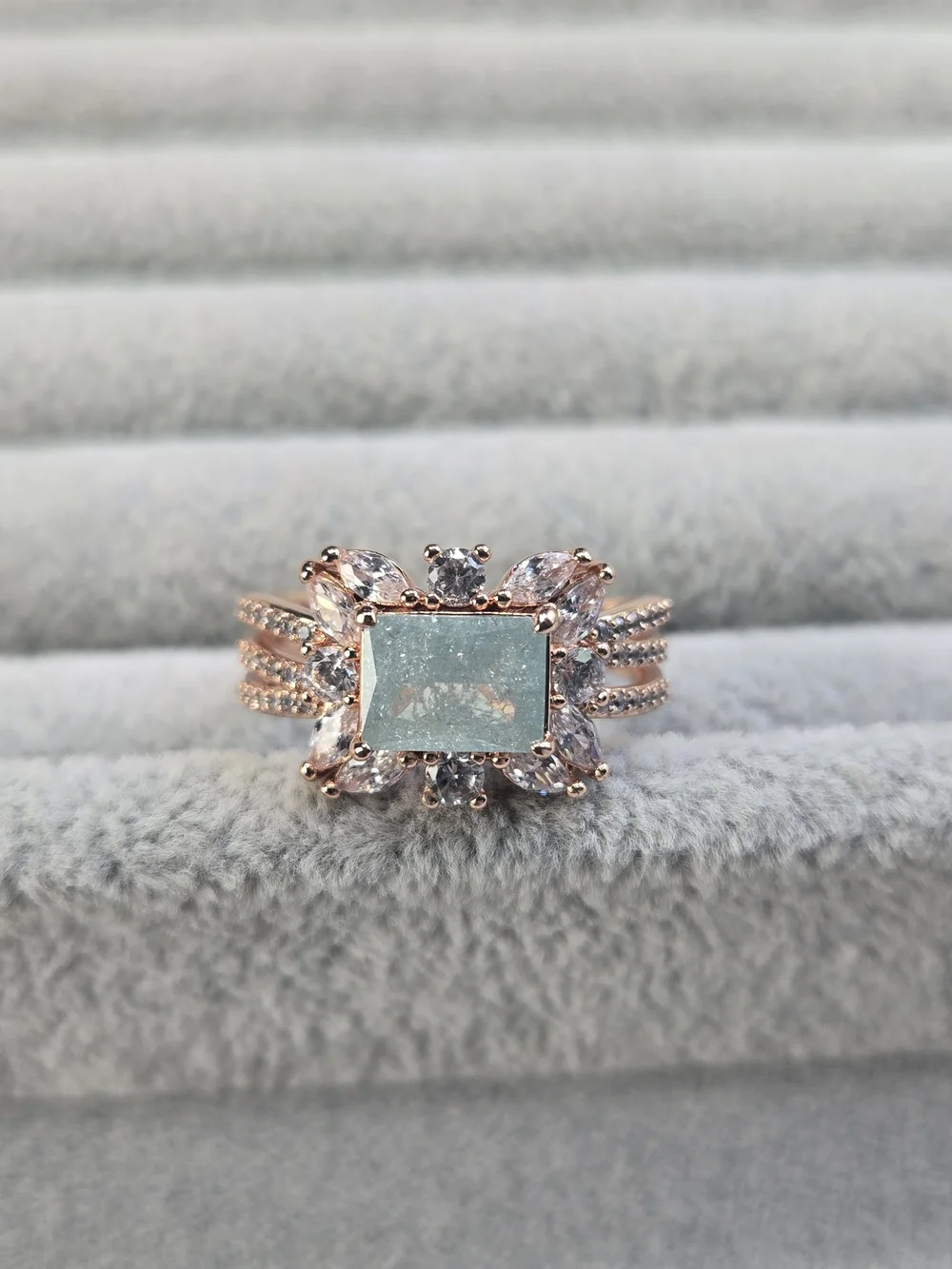 Size 8 Bomb Party Blue Sapphire Ice Crystal Rose Gold Plated